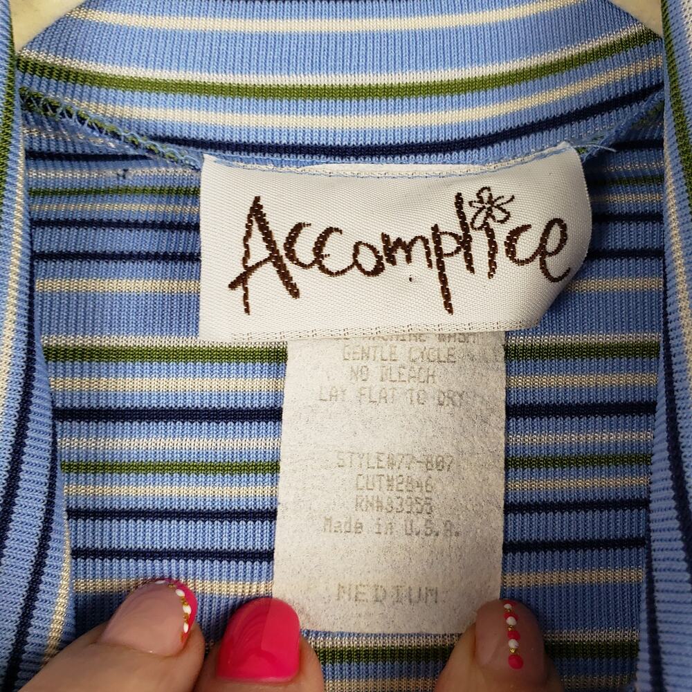 Y2K Accomplice Size M Button Front Polo Shirt Blue Green Stripe Androgynous Edgy - Picture 4 of 9